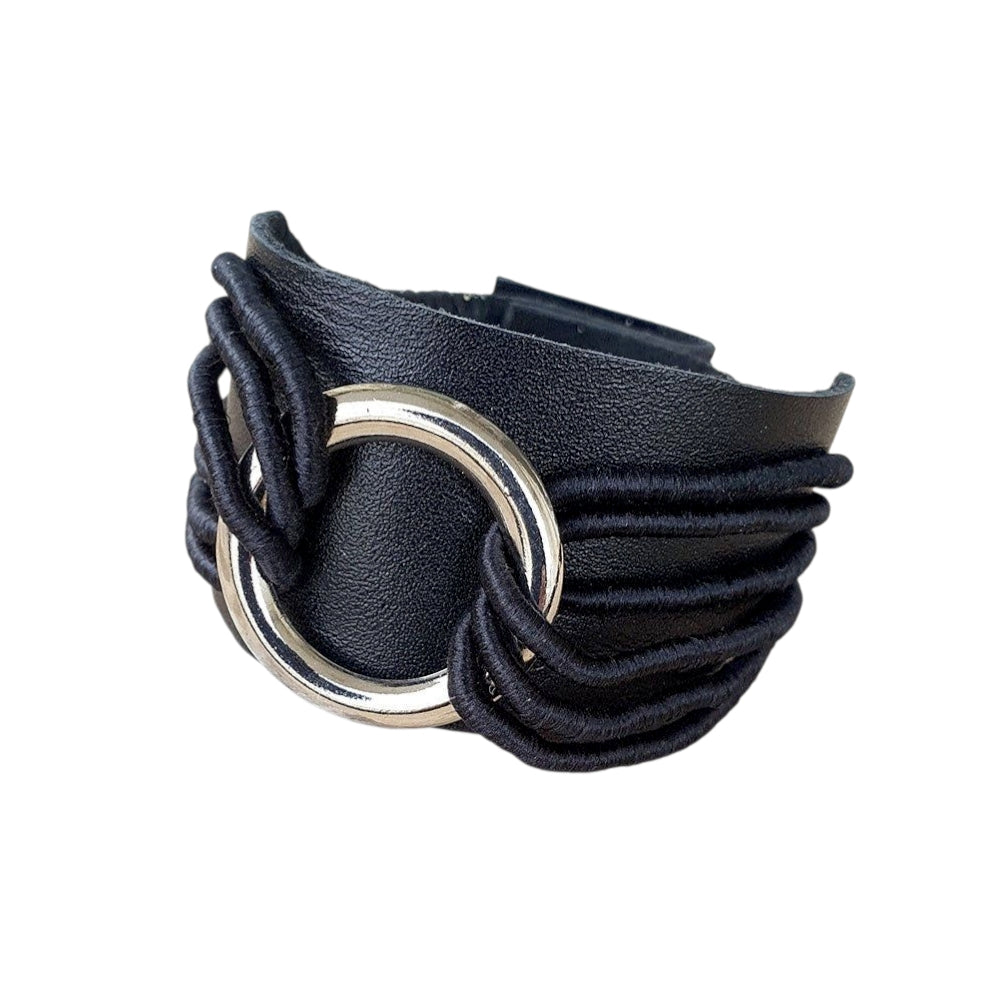 Thick Black Leather Bracelet with Rings