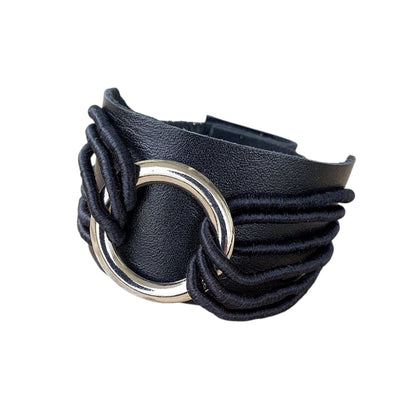 Thick Black Leather Bracelet with Rings