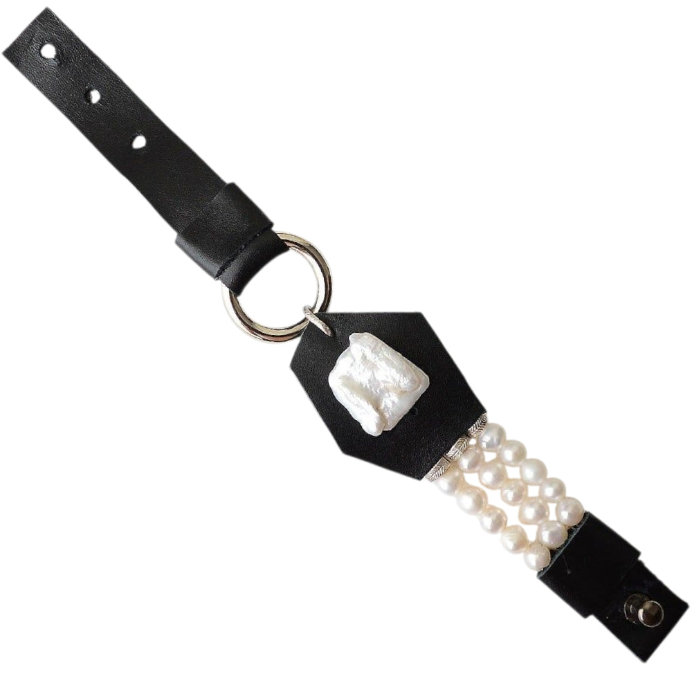 Black Leather Bracelet with Pearls