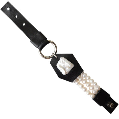 Black Leather Bracelet with Pearls
