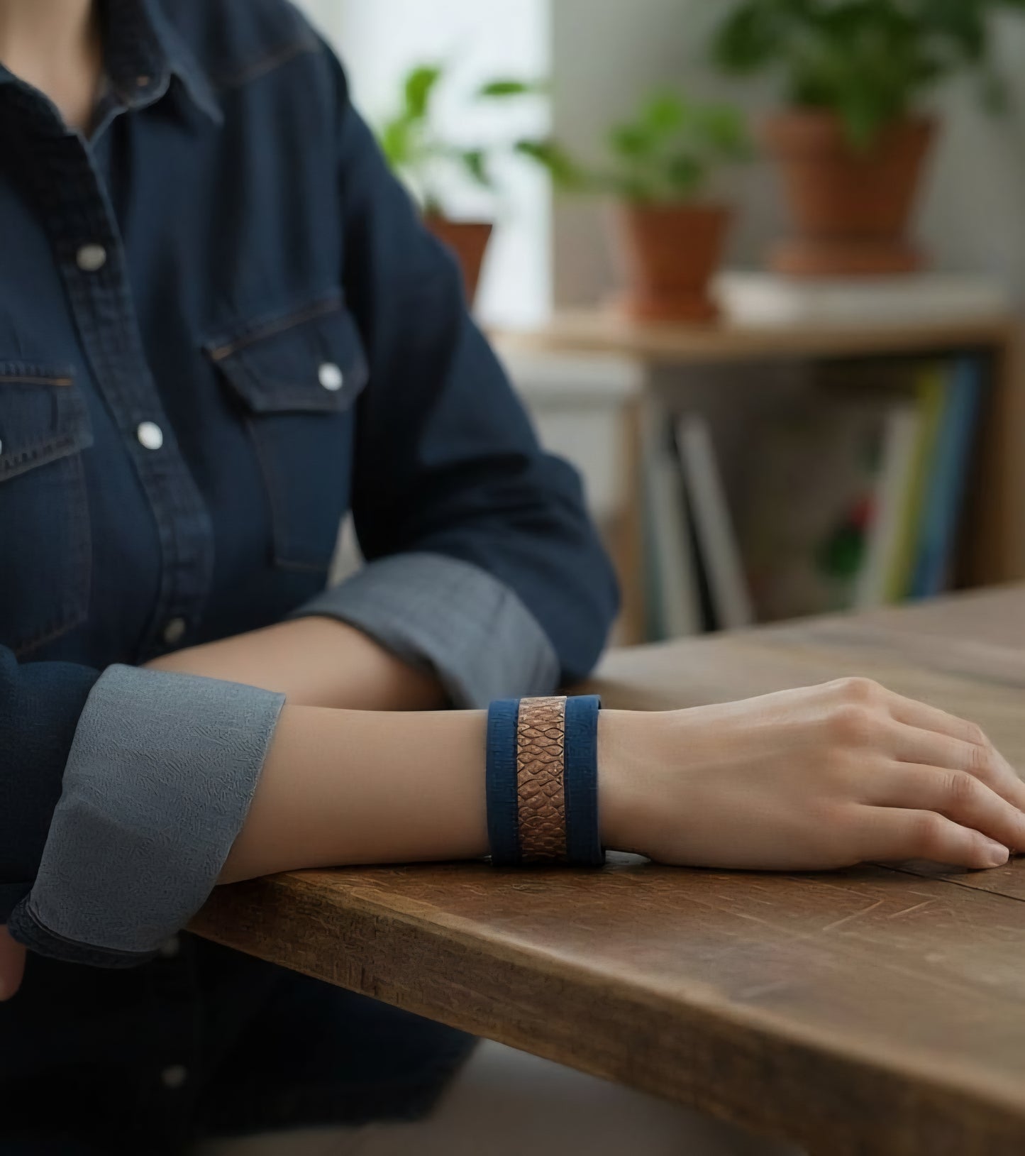 Bakır Mavi Kalın Deri Bileklik