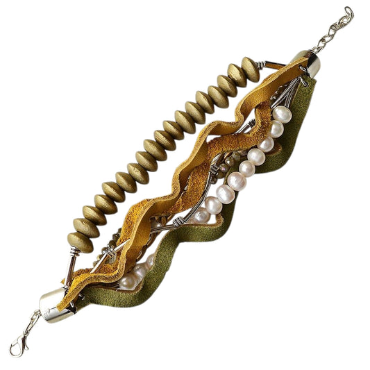 İncili Dalgalı Deri Bileklik