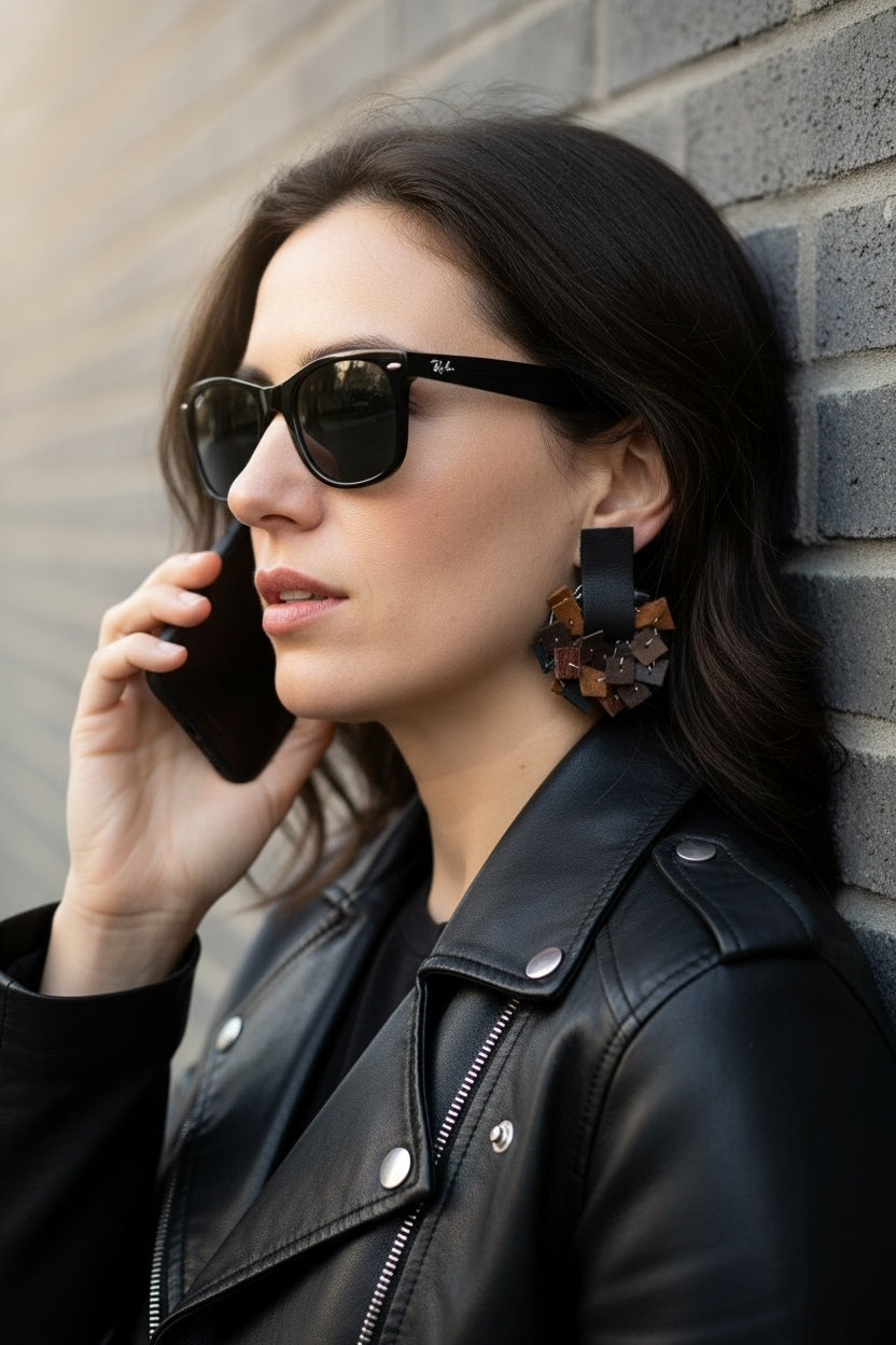 Tan - Black Leather Earrings