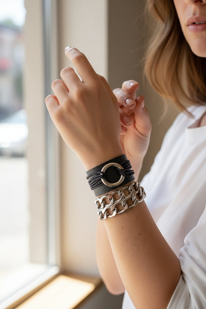 Thick Black Leather Bracelet with Rings