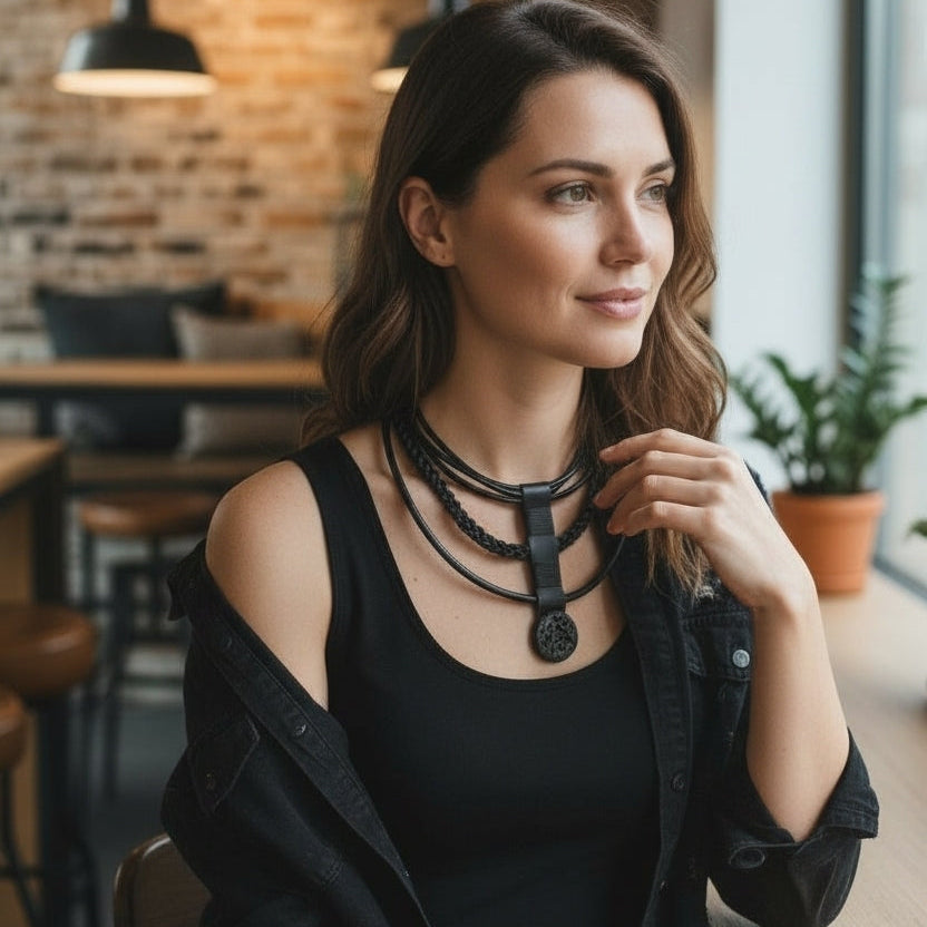 Black Leather Necklace with Lava Stone