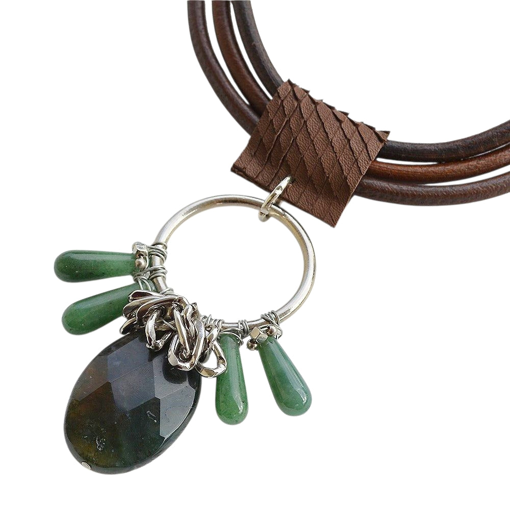 Akik ve Yeşim Taşlı Deri Kolye