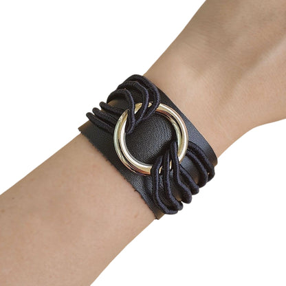 Thick Black Leather Bracelet with Rings