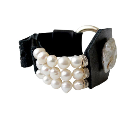 Black Leather Bracelet with Pearls