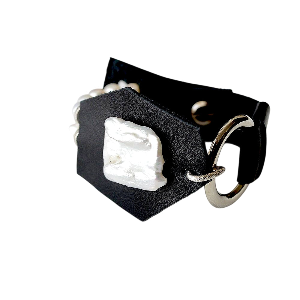Black Leather Bracelet with Pearls