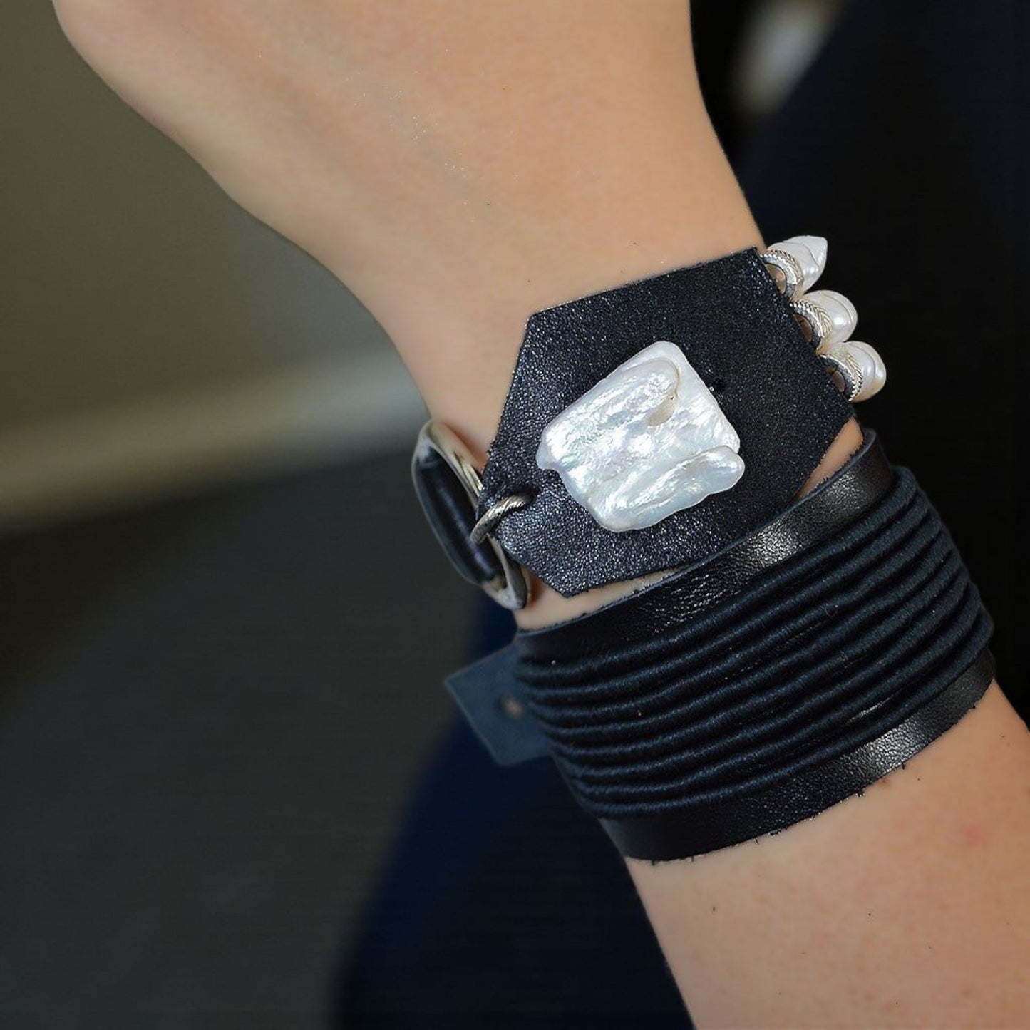 Black Leather Bracelet with Pearls