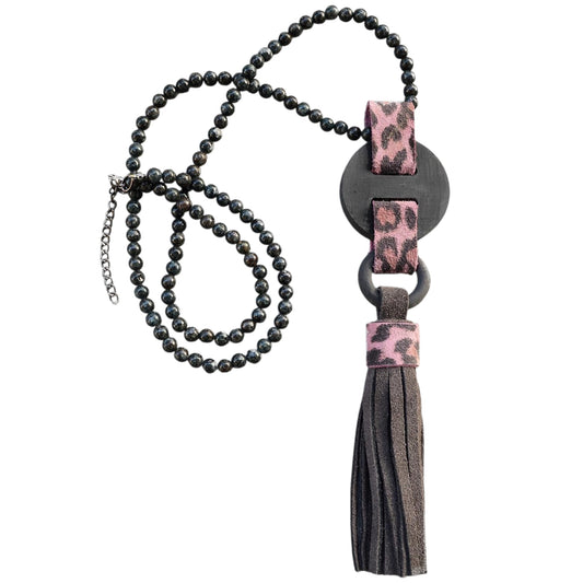 Leopard Pattern Leather Detailed Long Hematite Necklace