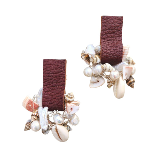 Leather Earrings with Seashells and Pearls