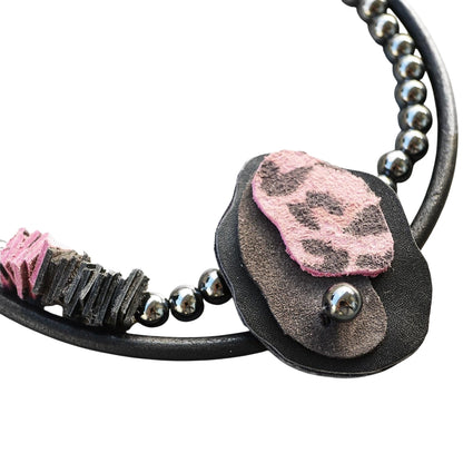 Leopard Pattern Leather Necklace with Hematite Stone