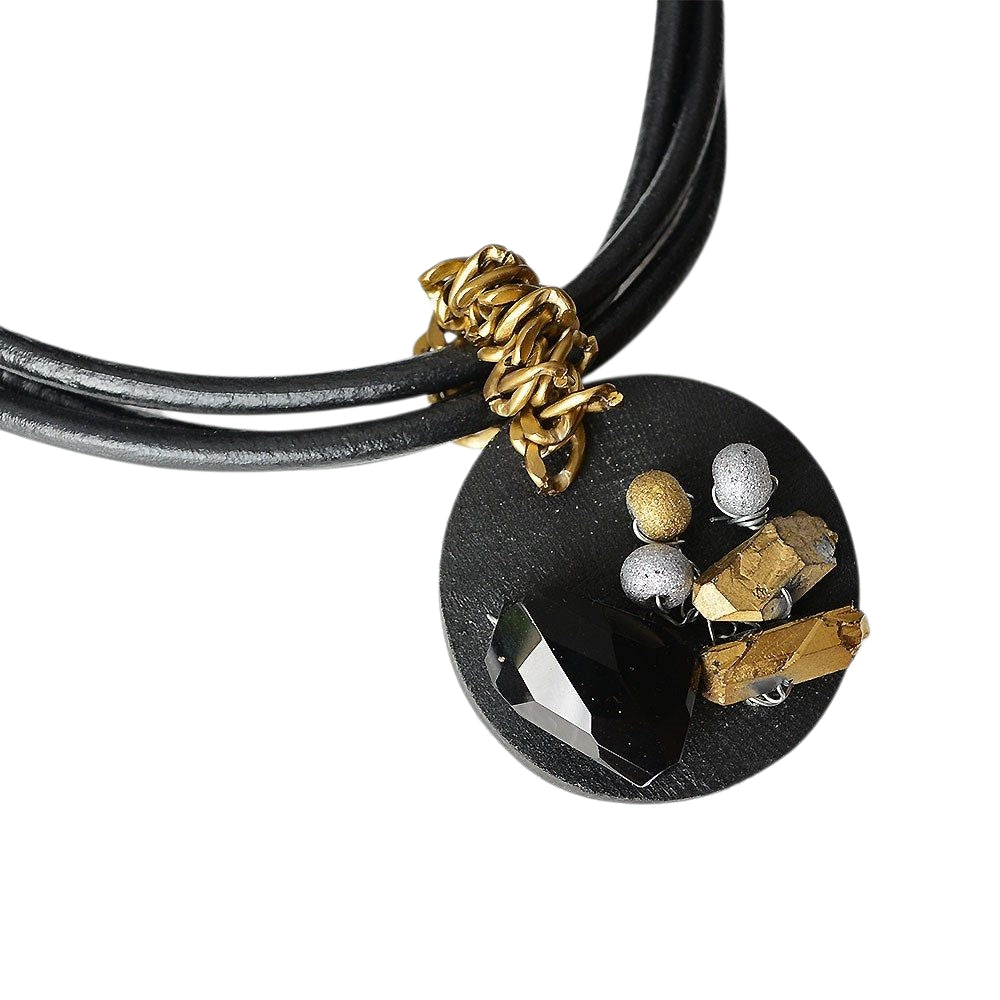 Black Leather Necklace with Natural Stones