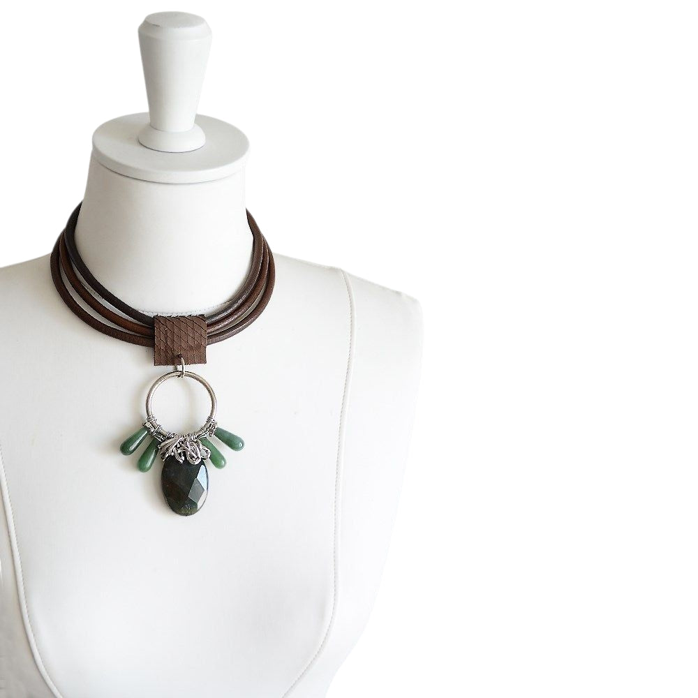 Akik ve Yeşim Taşlı Deri Kolye