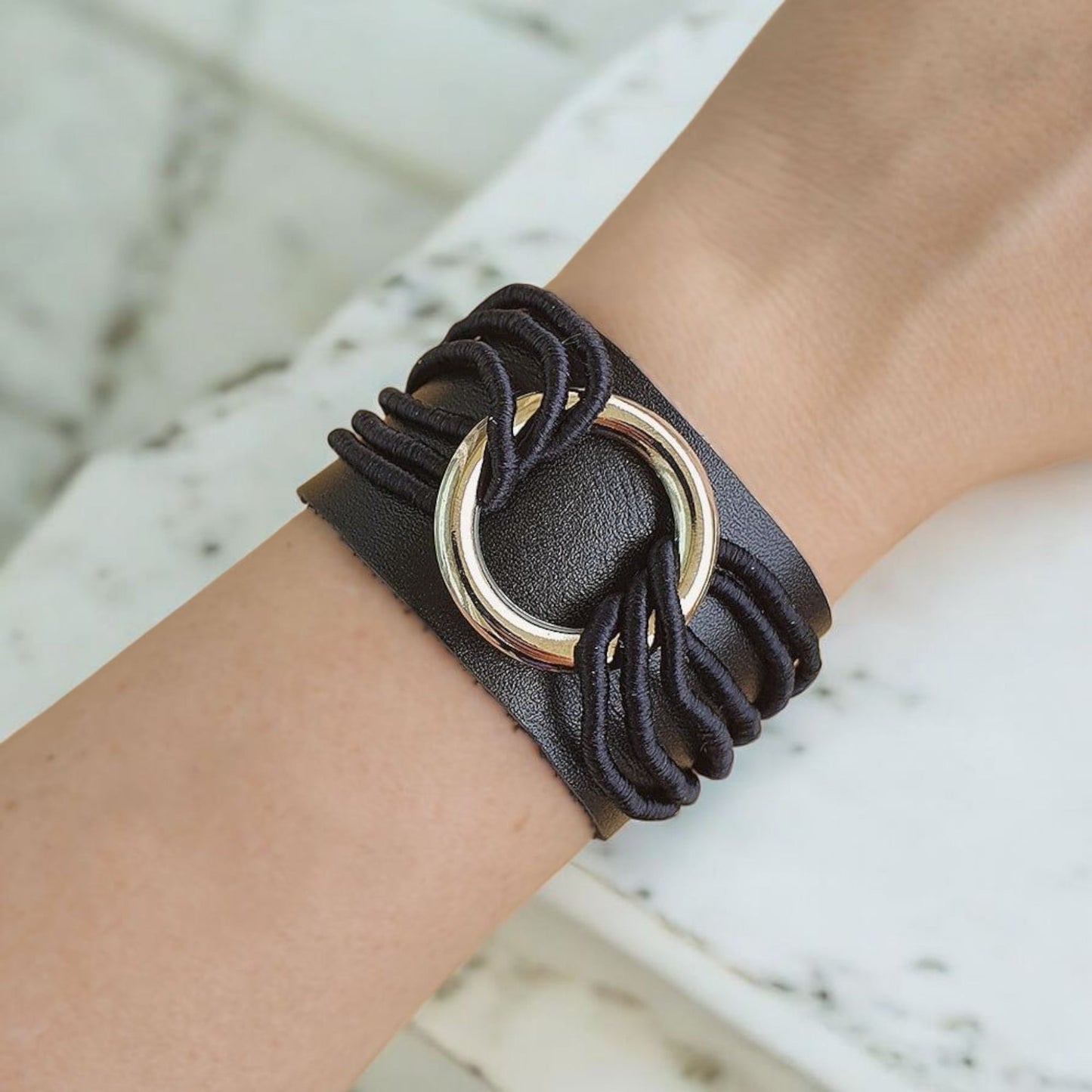 Thick Black Leather Bracelet with Rings