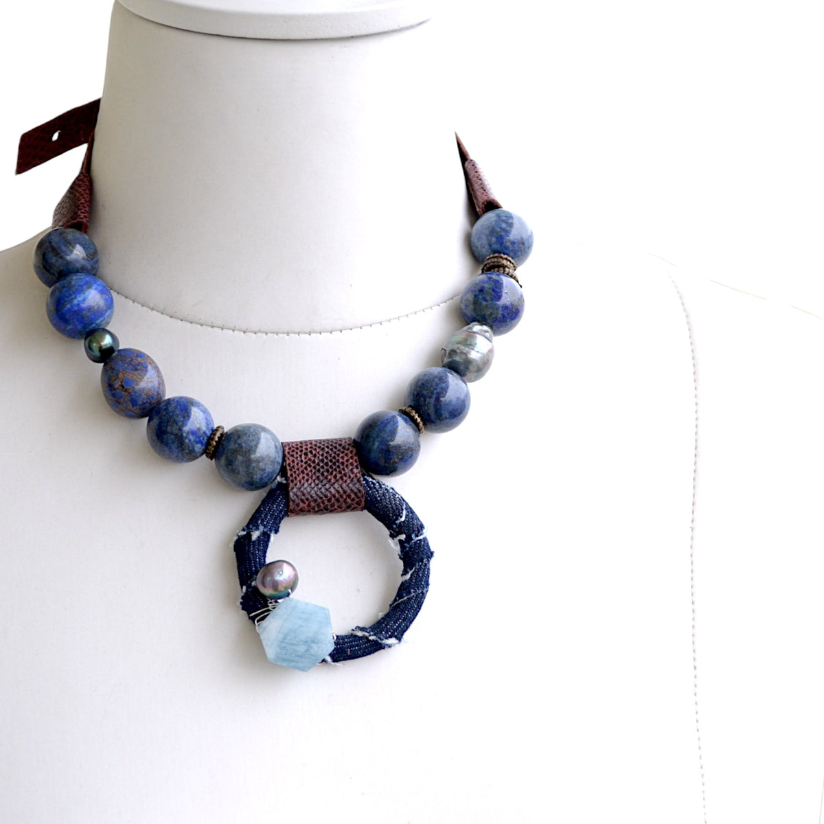 Lapis Lazuli ve Akuamarin Taşlı Deri Kolye