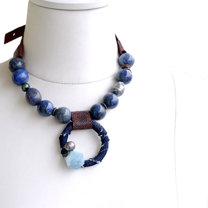 Lapis Lazuli ve Akuamarin Taşlı Deri Kolye