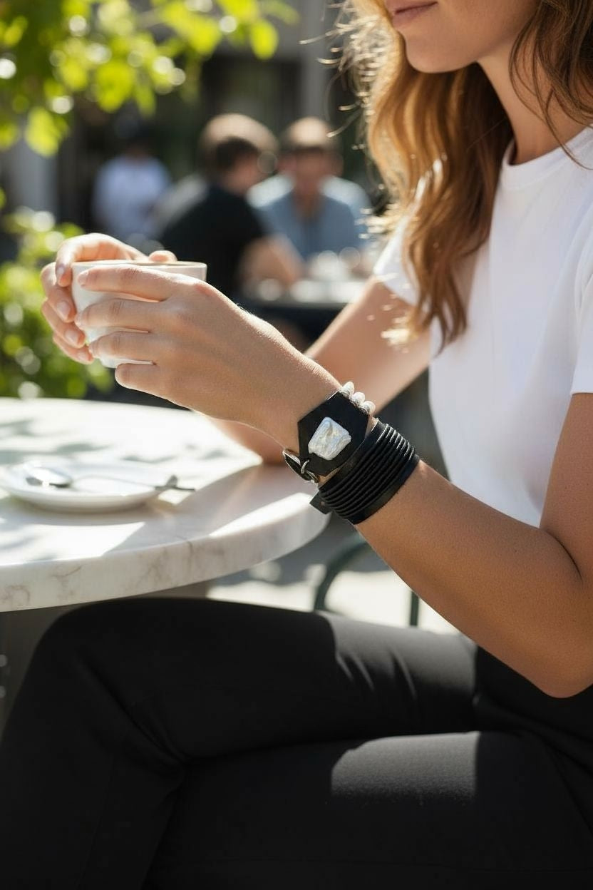 Black Leather Bracelet with Pearls