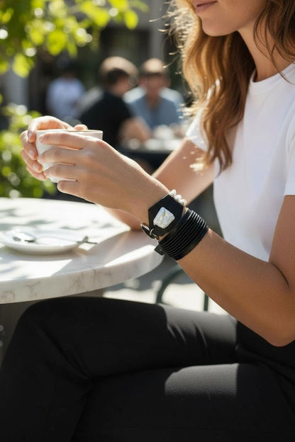 Black Leather Bracelet with Pearls