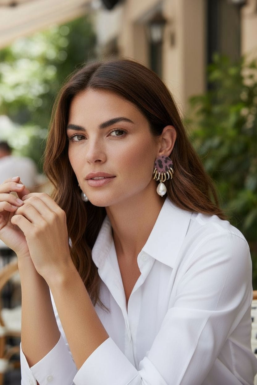 Mayorka Damla İncili Leopar Deri Küpe