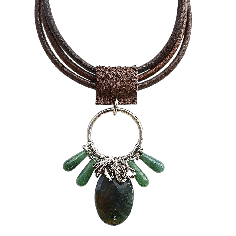 Akik ve Yeşim Taşlı Deri Kolye